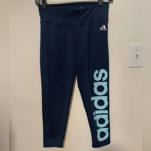 Adidas Pants Womens Medium Blue Capri Tights Spell Out Training WorkOut Athletic